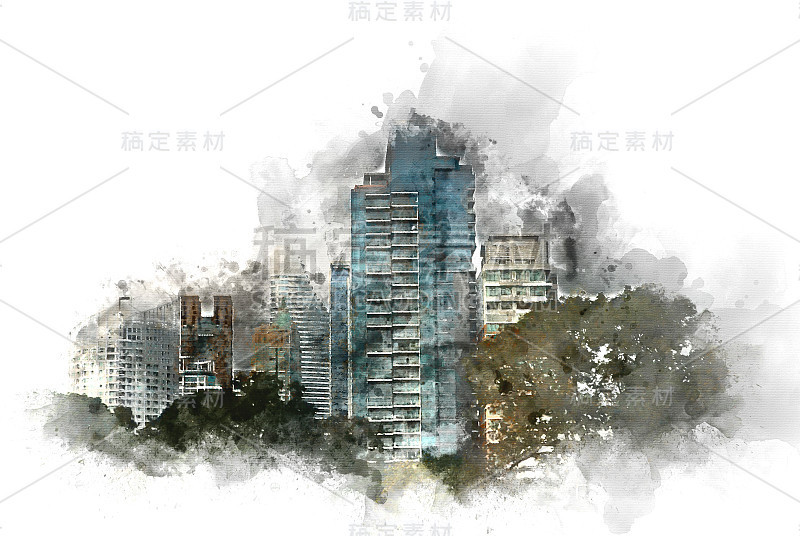 抽象建筑以水彩画为背景。城市上的数字插画刷艺术。