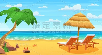 海滩和日光浴躺椅。