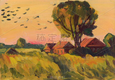 村庄夏天的风景。油画