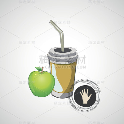 矢量素描纸杯与稻草和苹果