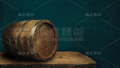 漂亮的木桶和橡木磨损的桌子上的绿色墙壁图案的背景设计。