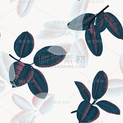 无缝图案，深绿色和浅粉红色的弹性无花果叶在浅灰色的背景
