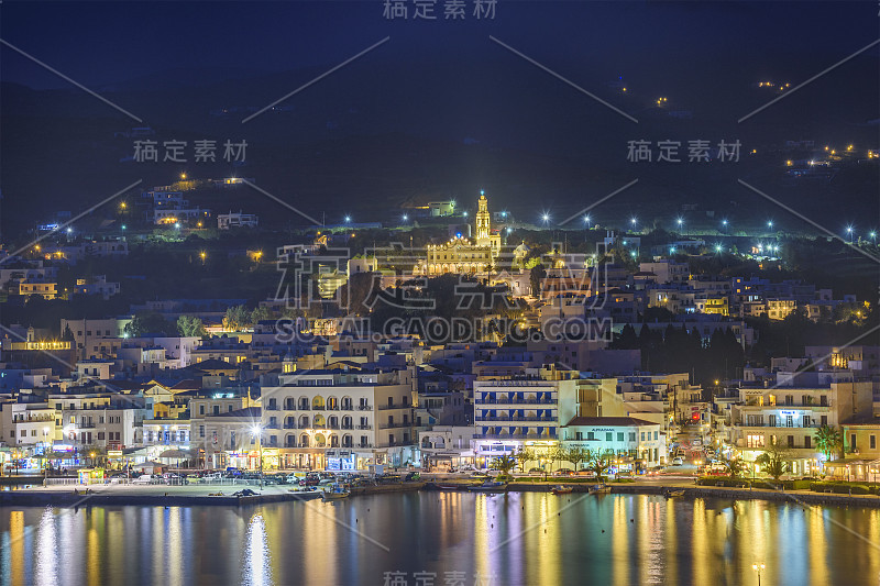 Aerial panoramic view of Tinos town. Centered the 