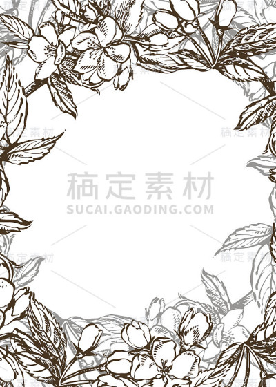 向量卡春天。黑色和白色盛开的苹果树枝。