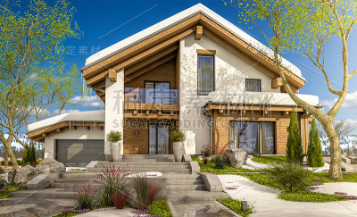 三维渲染的春天现代舒适小屋小屋风格