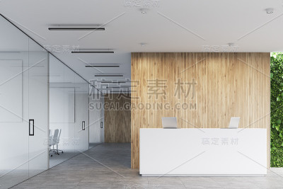 白色接待处，木质办公室，正面