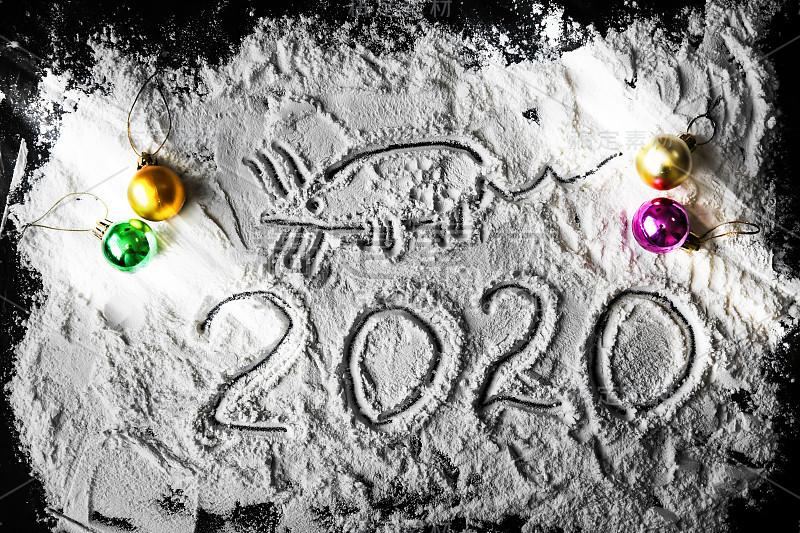 新2020年。数字与鼠标。雪的心情。节日的概念。儿童绘画。