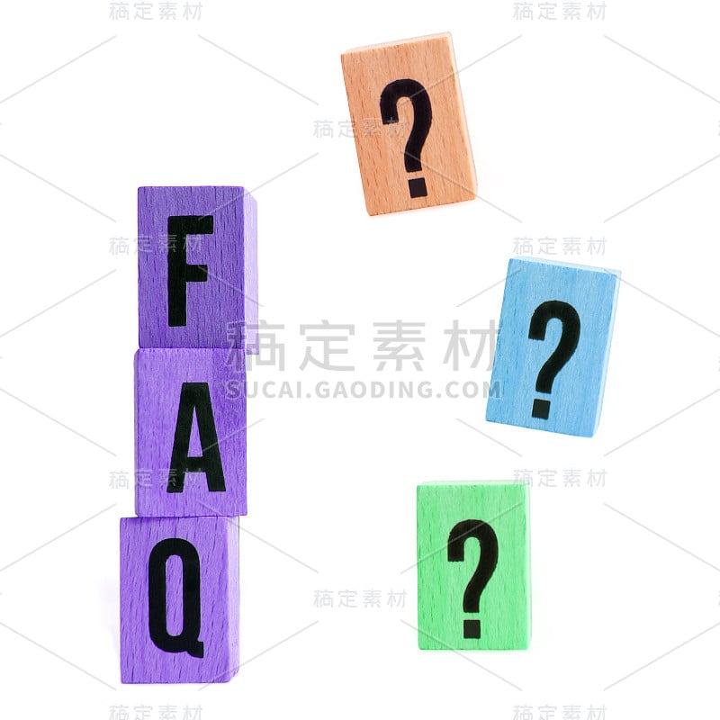 常见问题木块和问号(?)文字与木方块明亮的背景。FAQ(常见问题)，Answer, Q&A，