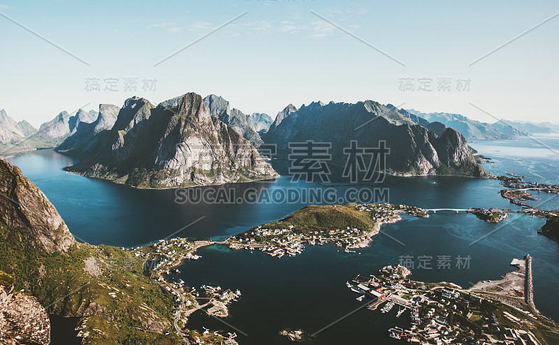 挪威风景莱因布林根山空中峡湾海景罗浮敦群岛旅游风景斯堪的纳维亚自然