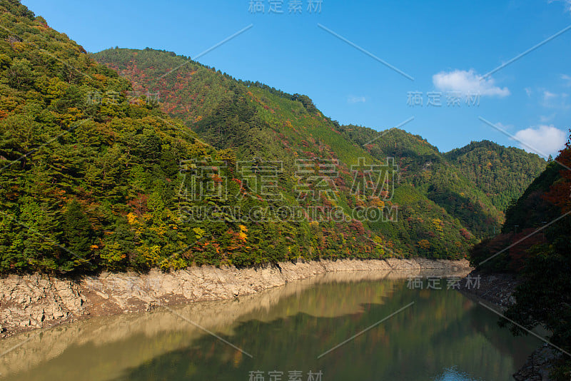 山，蓝天，云彩和湖泊与五颜六色的树木