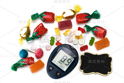 血糖仪与不健康食品，糖尿病概念