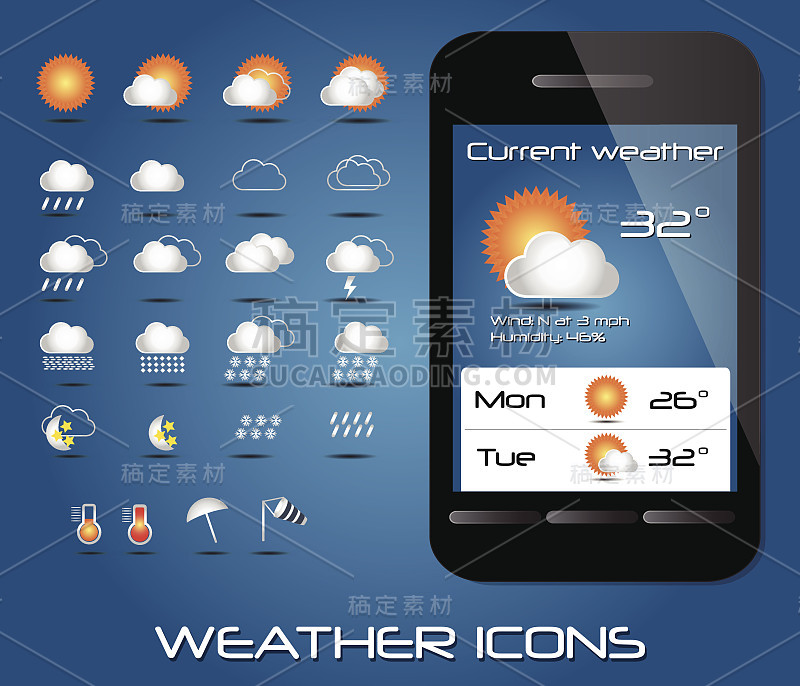 一组天气图标为网络和移动，矢量