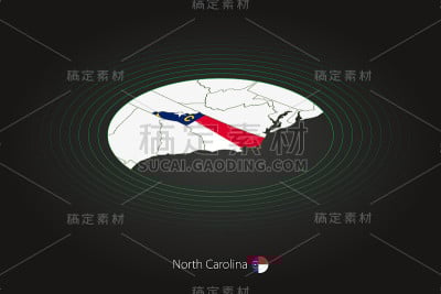 北卡罗莱纳州地图在深色，椭圆形地图与邻近的美国州。