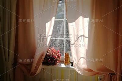 毛绒玩具红猫坐在窗台上看着窗外。就像一只真正的猫在等待春天。色彩柔和的窗帘。