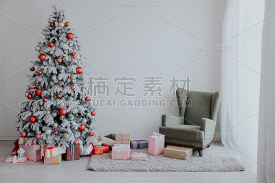 圣诞树新年呈现节日冬季室内背景
