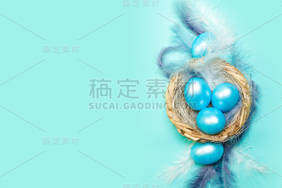 蓝色的复活节背景与颜色的蛋在巢与羽毛