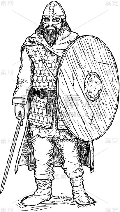 水墨画的海盗战士与剑和盾