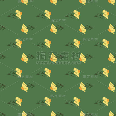 黄色抽象小雏菊花无缝图案复古风格。绿色背景。自然的艺术作品。