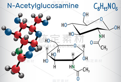 n -乙酰氨基葡萄糖(NAG)分子，是甲壳素的单体单位，与葡萄糖醛酸聚合，形成透明质酸。结构化学式和
