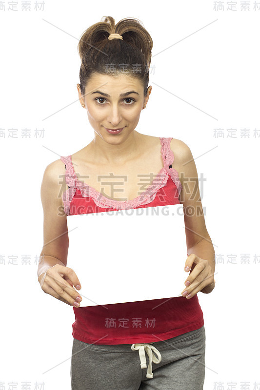 young woman holding empty white board