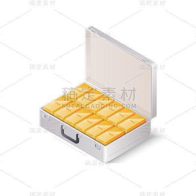 装满金条的箱子。等距矢量图