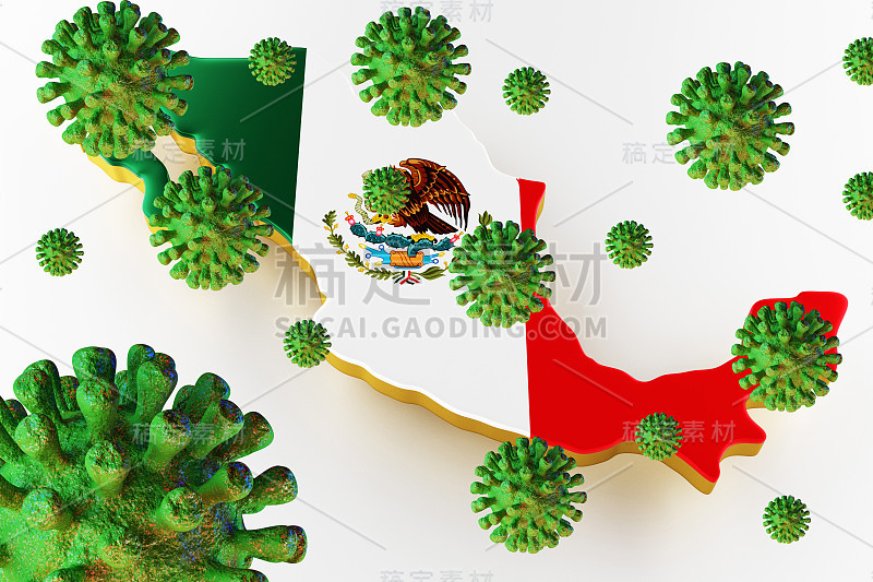 传染性艾滋病毒艾滋病，Flur或冠状病毒与墨西哥地图。三维渲染