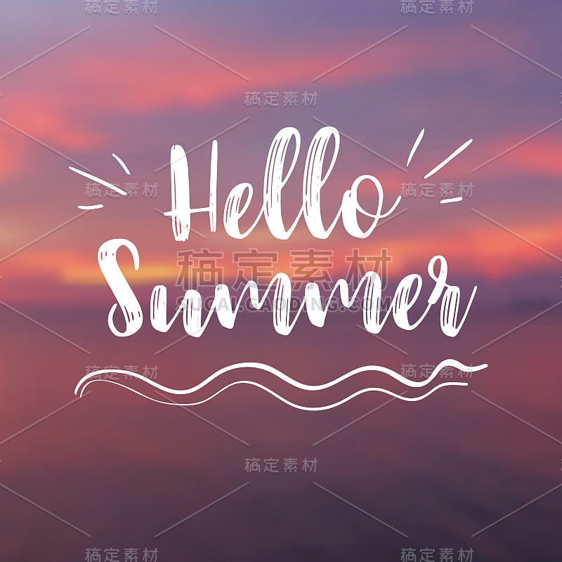 Hello Summer card with Sunset Background。矢量图