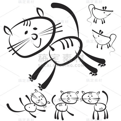 猫和老鼠被隔离在白色的背景上
