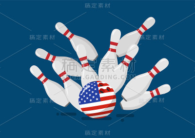 带美国国旗的保龄球打破保龄球瓶