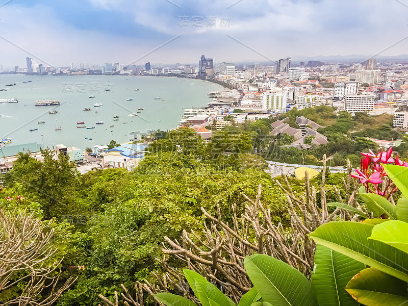 美丽的芭堤雅湾在普拉塔姆纳克山与蓝天背景和鲜花前景。芭堤雅是著名的海上运动和夜生活娱乐。