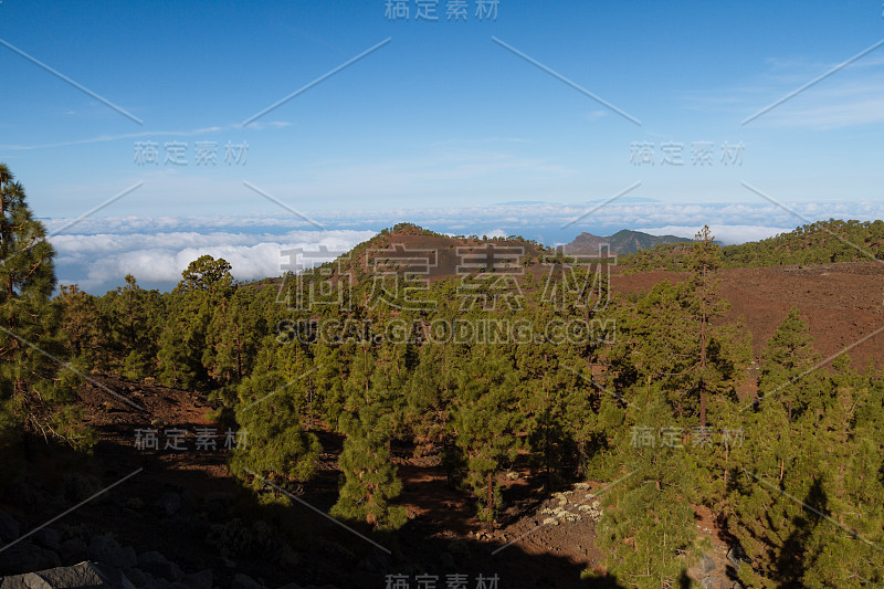 火山自然与树木之上的云倒置在沙漠景观