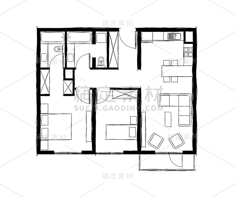 带有开放式厨房和带有两个浴室的阳台的两间卧室公寓的插图。