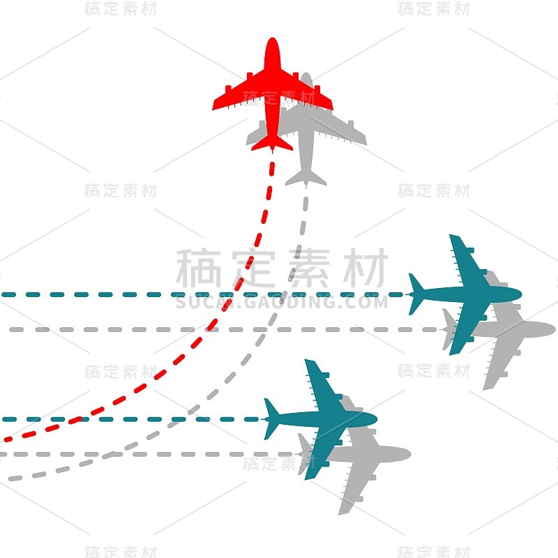 考虑不同的商业概念插图，红色的飞机改变方向和白色的