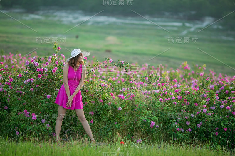 一个穿着粉红色裙子的女人，站在带着粉红色花朵的田野里