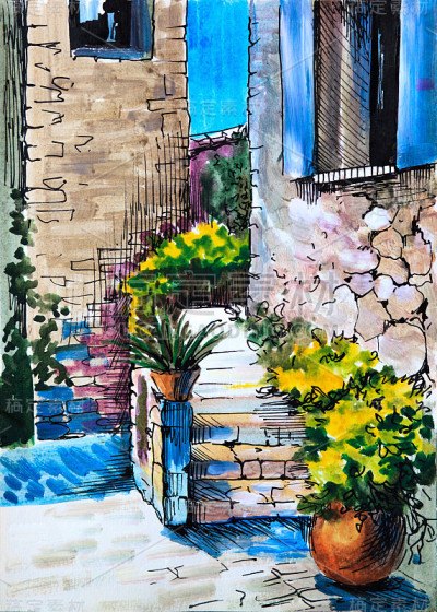 水彩画-沿街的花