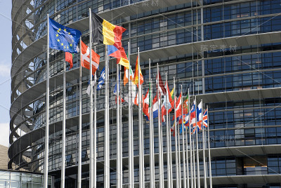 Europarliament。欧盟国家的国旗。