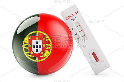 葡萄牙冠状病毒诊断检测。葡萄牙国旗COVID-19抗体检测，白底3D渲染分离