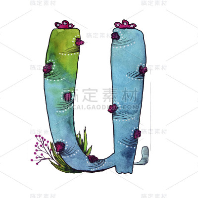 以蓝色的仙人掌字母为形式，绿色生态英文字母插图在白色的背景上