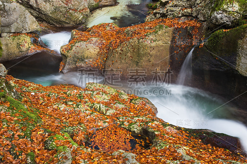 秋天的山河峡谷和瀑布，Sunik水林，Lepenca河，Bovec，斯洛文尼亚，水背景，Soca山谷