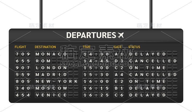 出发和到达航班的现实设备板模板。