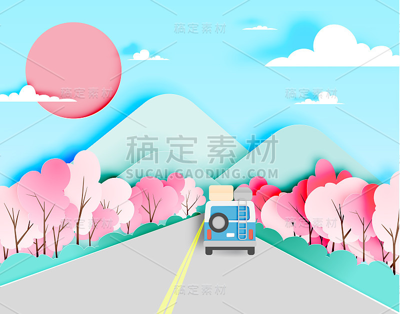 公路旅行与汽车和自然柔和的配色方案的背景