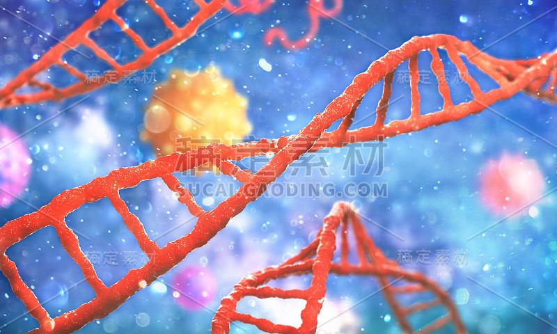 医学概念。模糊背景下DNA之间的病毒。三维演示