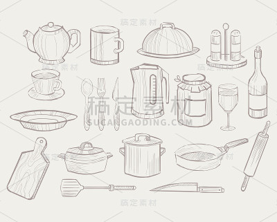 厨房用具手绘风格，向量