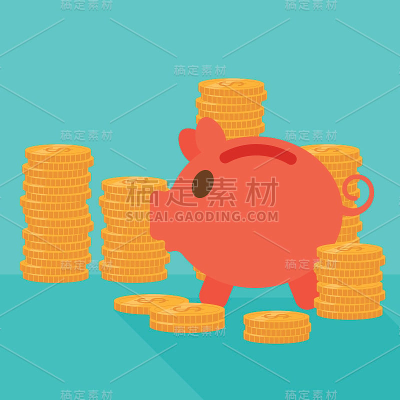 Blue background of piggy bank and golden coins