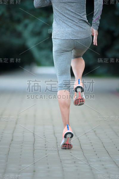 健康年轻的健身女性在公园里跑步。后视图。