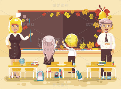矢量插图回到学校卡通人物，男学生，女学生，学徒，教师在空教室学习，站在钉书钉，在黑板上写，平底风格的
