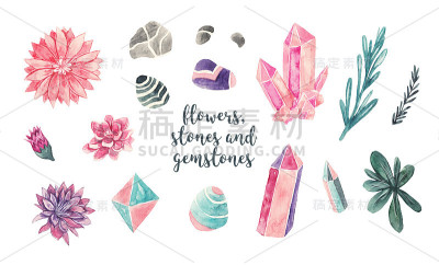 水彩花卉，宝石和宝石
