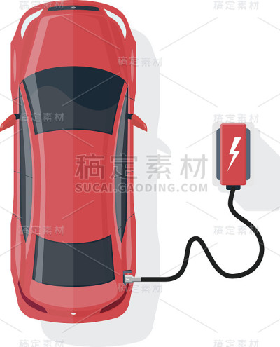 白色背景下的电动汽车在充电站充电