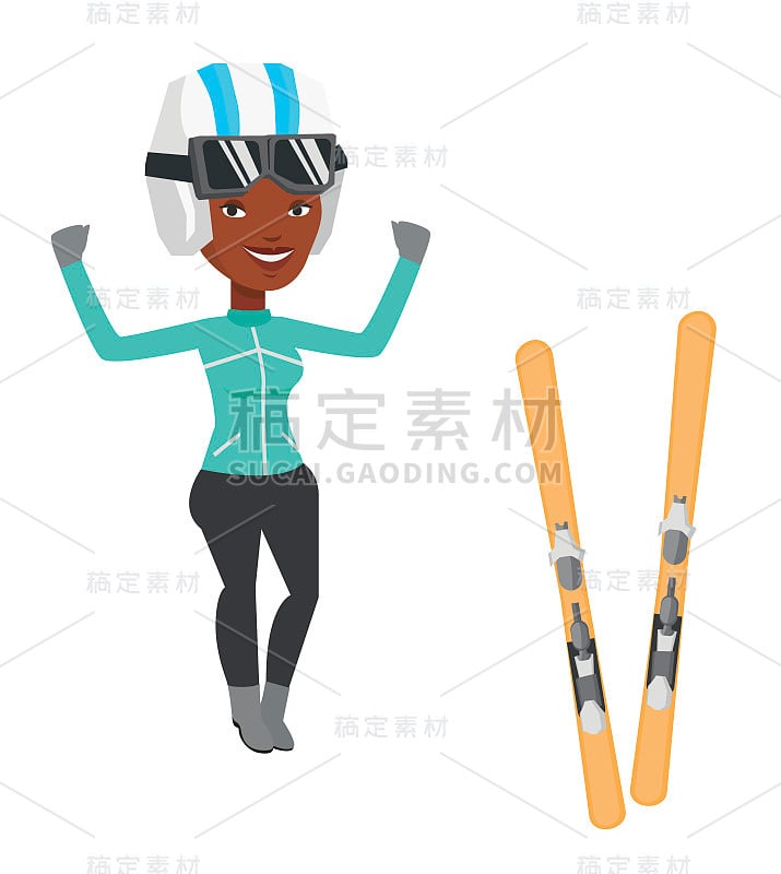 Cheerful skier standing with raised hands