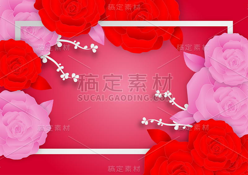 Rose flowers and frame on pink background with cop